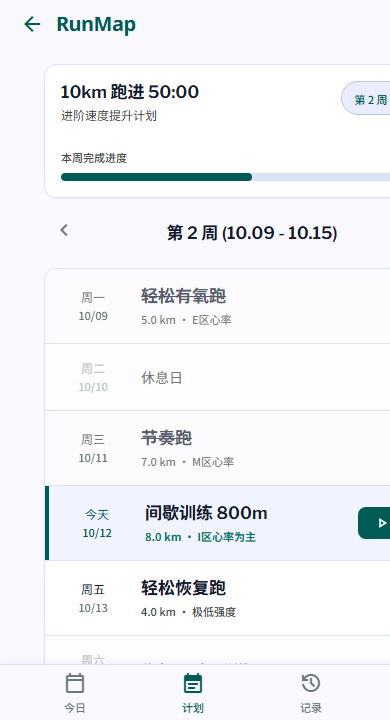RunMap 周训练计划界面